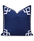 Coastal Navy Throw Pillow Cover 20x20 With White Embroidered Greek Key Frame, Weatherproof Polyester, Water Repellent Cushion