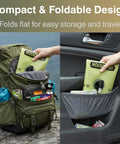 Person placing Two Gallon Collapsible Water Container With Spout For Camping in backpack and car door pocket