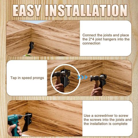 Illustration of easy installation for Twenty Piece 2x4 Joist Hanger Set With Black Powder Coated Finish And 18 Gauge Galvanized Steel.