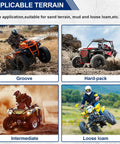 ATVs on various terrains showcasing 25x10-12 All Terrain ATV Tire Set For Sand And Hilly Lawns Tubeless 6PR Off Road Tires