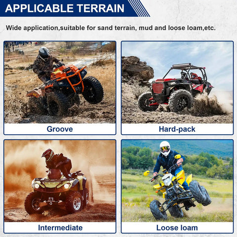ATVs on various terrains showcasing 25x10-12 All Terrain ATV Tire Set For Sand And Hilly Lawns Tubeless 6PR Off Road Tires