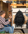 Ridiculously Strong Heavy Duty Neodymium Magnetic Hooks 20 Pack 70 Pound Capacity, organizing bags and gear on RV wall.