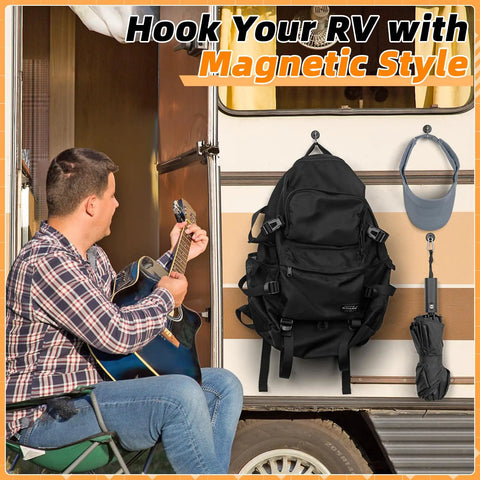 Ridiculously Strong Heavy Duty Neodymium Magnetic Hooks 20 Pack 70 Pound Capacity, organizing bags and gear on RV wall.