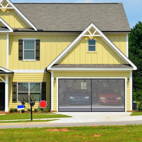 16 By 7 Foot Garage Door Screen for Two Car Garage Super Easy Install with Strong Magnetic Closure on yellow house front view