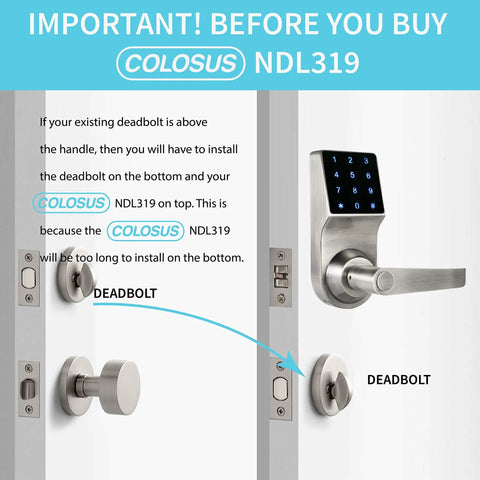 No More Keys Keyless Door Lock With Touchscreen Key Fobs Remote Control And PIN Entry For Home Office Or Commercial Use Four Entry Modes RFID Easy Install Durable Silver Finish, shown with installation instructions.