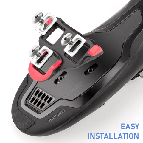 Close-up of cleats compatible with SPD SL 0 degree float adjustable for road cycling shoes, showing easy installation.