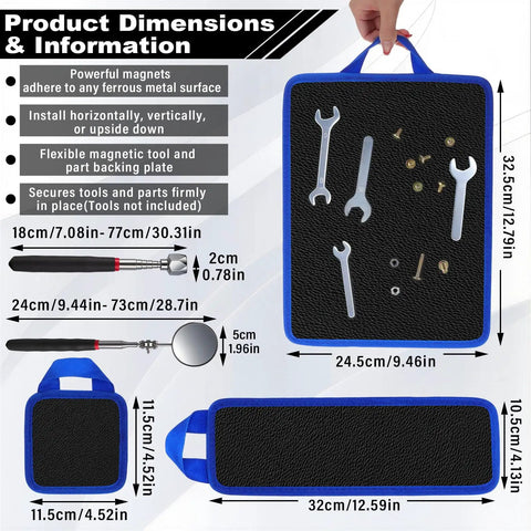 Flexible Magnetic Tool Mat Set With Ergonomic Handles For Bendable Non Slip Organization Of Wrenches Bits And Small Metal Tools Telescoping Magnetic Tool Mat For Mechanics Garage Workshop And Auto Repair Blue, showing product dimensions