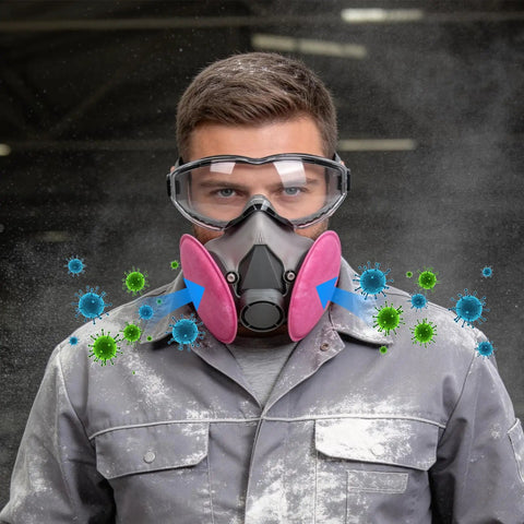 Person wearing All-In-One Half Face Respirator With Anti-Fog Goggles For Woodworking Dust And Allergens, protective mask shown in use