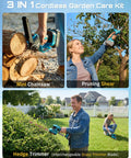 Two people using the 3-In-1 Cordless Garden Tool Kit With Dual 4000mAh Batteries For Chainsaw, Hedge Trimmer, And Pruner outside