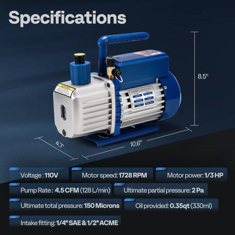 VIVOHOME vacuum pump for automotive HVAC, side view; blue housing with oil bottle