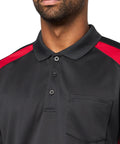 Mens Short Sleeve Color Block Polo Shirt Midweight Performance Work Top Black Red with chest pocket and buttons.