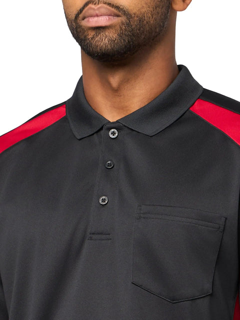Mens Short Sleeve Color Block Polo Shirt Midweight Performance Work Top Black Red with chest pocket and buttons.