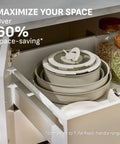 Detachable Handle Cookware Set With Stackable Pots And Pans, Nonstick Granite Titanium, shown in compact kitchen drawer