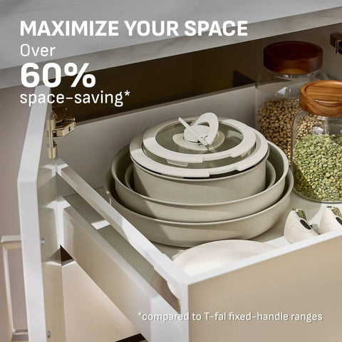 Detachable Handle Cookware Set With Stackable Pots And Pans, Nonstick Granite Titanium, shown in compact kitchen drawer
