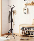 Three Tier Freestanding Coat Rack With Fifteen Hooks, Hall Tree And Hat Rack in entryway with jackets and umbrella, brown finish
