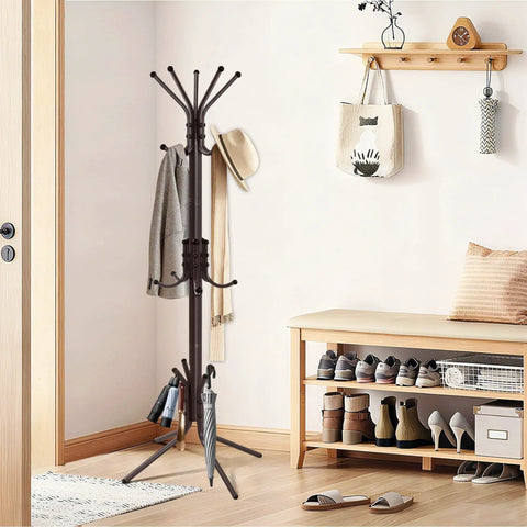 Three Tier Freestanding Coat Rack With Fifteen Hooks, Hall Tree And Hat Rack in entryway with jackets and umbrella, brown finish