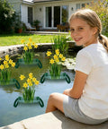 Girl sitting by pond with yellow flowers in Mesh Net Planter For Ponds And Aquariums, Submersible Water Garden Plant Holder