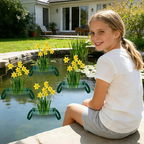 Girl sitting by pond with yellow flowers in Mesh Net Planter For Ponds And Aquariums, Submersible Water Garden Plant Holder