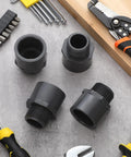 4 Pack 1 Inch PVC Pipe Fittings Male Adapters Schedule 80 Socket to NPT Connectors surrounded by tools on a workbench