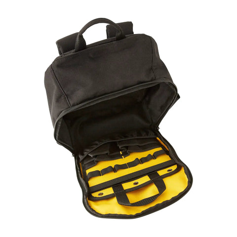 Heavy Duty Tool Backpack With 22 Pockets And Full Zip Closure, Durable Yellow And Black Design showing internal storage and quick access organizer