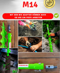 Go-To Earth Drill Adapter With M14 Thread For Concrete Mixers and Auger Drills, shown with green handle and auger in soil.
