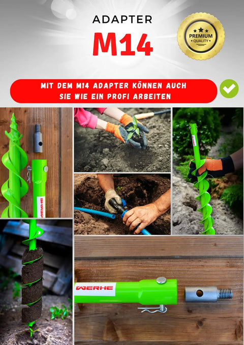 Go-To Earth Drill Adapter With M14 Thread For Concrete Mixers and Auger Drills, shown with green handle and auger in soil.
