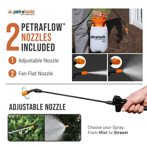 One Gallon Pump Sprayer For Lawn Care And Weeds 52 Inch Hose Dual Nozzles Easy Carry Handle Lightweight And Durable Garden Sprayer For Pesticides Or Fertilizers with adjustable and fan flat nozzle options and an adjustable nozzle being used.