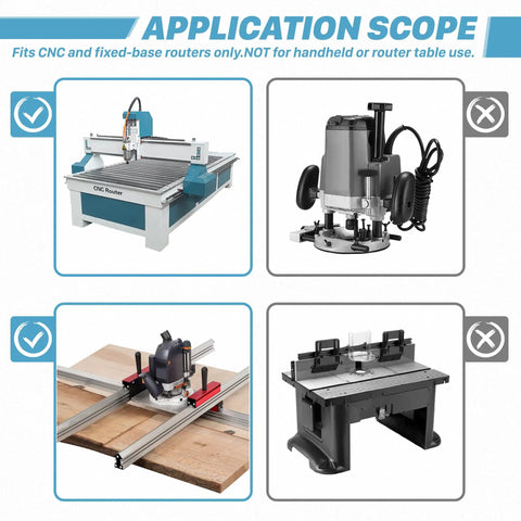 Diagram showing CNC and fixed-base routers compatible with Heavy Duty Half Inch Shank Two And A Half Inch Cutting Diameter CNC Spoilboard Surfacing Router Bit