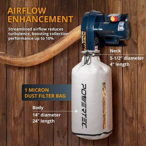 Heavy Duty 1 HP Wall Mount Dust Collector Delivers 560 CFM With 1 Micron Bag And Easy View Window installed on wall.