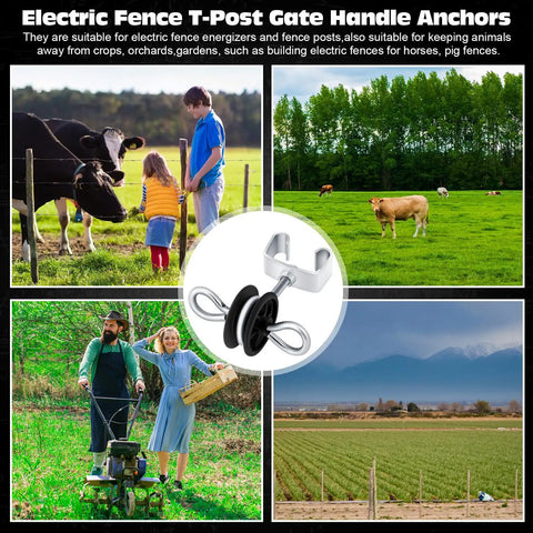 Six Pack Electric Fence Gate Handles And T Post Anchors with farm and field scenes for ranchers and farmers tackling fencing projects