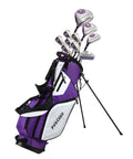 Left Handed Ladies Golf Club Set With Driver Wood Hybrid Irons Putter Graphite Shafts Three Head Covers And Stand Bag Complete All In One Regular Size Purple For Beginners To Intermediate Players. Purple golf bag with clubs.