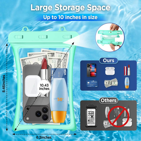 Floatable Waterproof Phone Pouch 2 Pack Up To 10.0 Inch Black And Green Case With IPX8 Seal Snap Lock showcasing storage capacity