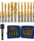 13 Piece Combination Tap Set With HSS Titanium Coated Threading Taps, SAE And Metric Sizes in blue case, hex shank visible