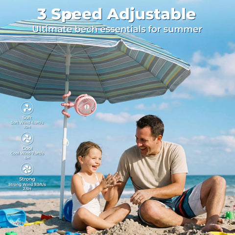 Battery Operated Stroller Fan With Flexible Tripod Clip On For Car Seat Crib Or Wagon under beach umbrella with father and child