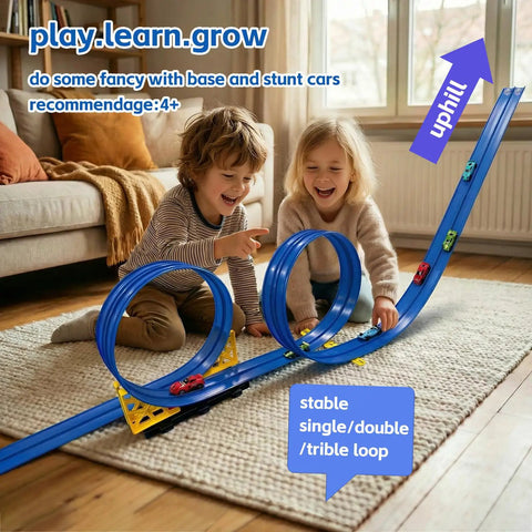 Children playing with Portable Diy Roll Up Race Track For Kids Compatible With 1 To 64 Scale Diecast Cars Includes Eight Racing Cars And Super Grip Gravity Ramp Totally Cool Birthday Gift For Boys And Girls Ages 3 To 8 on carpet with loop