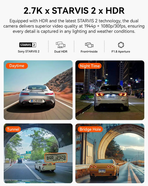 Image showcasing Dual Dash Cam For Your Ride With 5G WiFi Front 2.7K And Interior 1080P in various driving conditions.