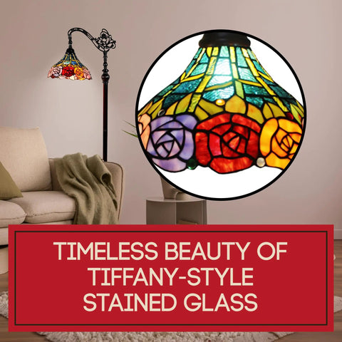Tiffany Style Arched Floor Lamp With Stained Glass 62 Inch Tall Foot Switch Adjustable Shade Handcrafted Living Room Decor