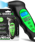 Front view of Rhino USA digital tire pressure gauge; black handheld device with green backlit LCD, 150 PSI, 4-range.