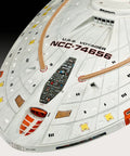 Close-up of U.S.S. Voyager 1:670 Scale Unassembled Unpainted Plastic Model Kit for Star Trek Fans Intrepid class starship hull.