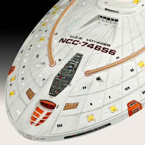 Close-up of U.S.S. Voyager 1:670 Scale Unassembled Unpainted Plastic Model Kit for Star Trek Fans Intrepid class starship hull.