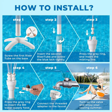 Installation steps for Stand Up Outdoor Mister System With Adjustable 46 Inch Height 5 Brass Nozzles And 26 Foot Hose For Patio BBQ Pool And Water Activities Portable Cooling Mist