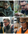 People wearing Clear View Safety Reading Glasses With 1.5 Diopter For Real Eye Protection ANSI Z87.1 Rated in various settings.
