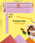Pink A5 Paper Cutter Guillotine With Side Ruler for Scrapbooking, showing product size and scale range with pencil and paper.