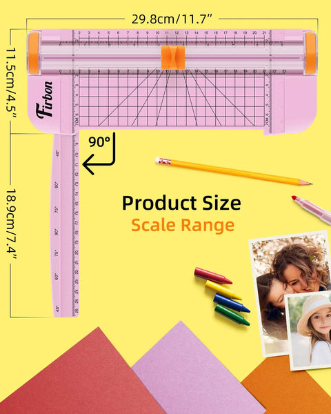Pink A5 Paper Cutter Guillotine With Side Ruler for Scrapbooking, showing product size and scale range with pencil and paper.
