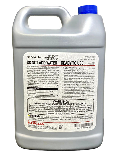 Honda Genuine Extended Life Type 2 Antifreeze and Coolant Fifty Fifty Pre Diluted One Gallon Blue Formula bottle back label