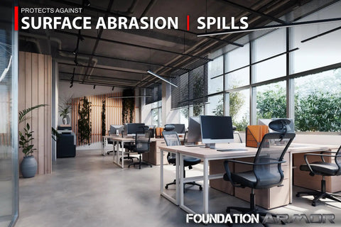 Modern office space with desks and computers showcasing Pro Matte Concrete Floor Wax 5 Gallon Water Based Formula for protection.