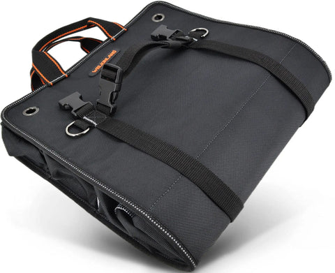 Roll Up Tool Organizer Bag For Mechanics, Electricians, And Bike Riders, 13 Pockets With 5 Large Zip Bags, top view closed.