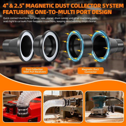 Magnetic Dust Collection Fittings For Woodworking Shops With Quick Hose Connectors and Multi-Port Design