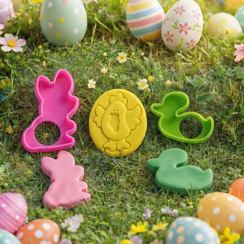 Front view of Joyin 44-piece clay tools set: pink bunny, yellow chick-in-egg mold, green duck cutters on grass