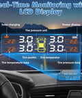 Real Time Tire Pressure Monitoring System With Solar Charging, 4 TPMS Sensors Pack, High Precision Readouts To 0.5 PSI, Updates Every 3 Seconds While Driving, Easy Install, Boost Safety And Driver Peace Of Mind. LCD dashboard display in car